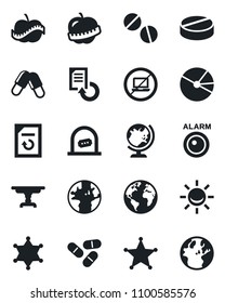 Set of vector isolated black icon - no laptop vector, ticket office, globe, document reload, pills, diet, earth, pie graph, table, police, alarm led