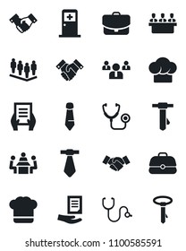 Set of vector isolated black icon - medical room vector, handshake, team, tie, document, stethoscope, meeting, cook hat, case