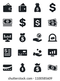 Set of vector isolated black icon - credit card vector, ticket office, dollar sign, money bag, statistic monitor, cash, receipt, wallet, investment