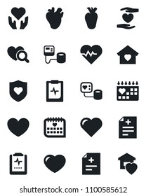 Set of vector isolated black icon - heart vector, pulse, diagnosis, blood pressure, diagnostic, shield, hand, real, medical calendar, clipboard, sweet home