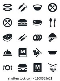 Set of vector isolated black icon - spoon and fork vector, dish, cafe, menu, plates, waiter, steak, kebab, hamburger, bowl, sushi