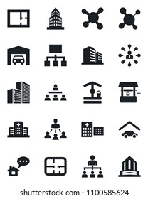 Set of vector isolated black icon - hierarchy vector, well, molecule, hospital, office building, garage, plan, home message