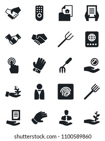 Set of vector isolated black icon - passport vector, handshake, document, garden fork, farm, glove, client, touch screen, fingerprint id, estate, waiter, remote control, palm sproute, investment