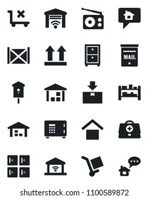 Set of vector isolated black icon - safe vector, checkroom, bird house, doctor case, container, cargo, warehouse storage, up side sign, no trolley, package, rack, radio, archive box, mailbox