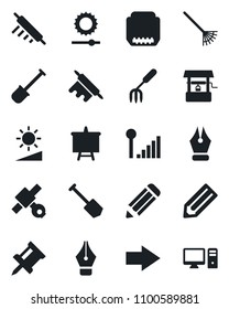 Set of vector isolated black icon - right arrow vector, presentation board, job, pencil, garden fork, shovel, rake, well, satellite, hdmi, brightness, cellular signal, drawing pin, ink pen, rolling