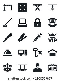 Set of vector isolated black icon - barrier vector, vip, reception bell, hoe, picnic table, syringe, warehouse storage, no hook, film frame, record, support, notebook pc, pen, stapler, lock
