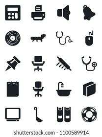 Set of vector isolated black icon - book vector, mouse, notepad, printer, caterpillar, stethoscope, vinyl, tv, calculator, bell, drawing pin, office chair, blank box, bathroom, ladle, rolling, sound