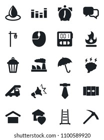 Set of vector isolated black icon - automatic door vector, umbrella, ladder car, mouse, brainstorm, factory, fire, water drop, garden light, warehouse storage, equalizer, dialog, alarm, stopwatch