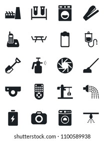 Set of vector isolated black icon - washer vector, shovel, watering, hoe, picnic table, garden sprayer, blood test vial, dropper, camera, remote control, radio phone, battery, mobile, stapler, crane