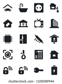 Set of vector isolated black icon - tv vector, office building, house, bird, garage, key, bathroom, fridge, smart home, rolling pin, control, chip, socket, wireless lock, thermometer, gate, eye scan