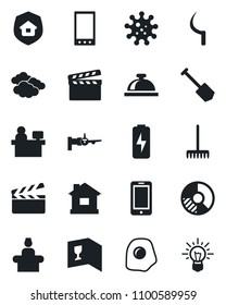 Set of vector isolated black icon - reception bell vector, clouds, boarding, mobile phone, manager place, job, circle chart, rake, house, sickle, virus, clapboard, charge, estate insurance, omelette