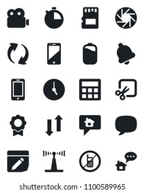 Set of vector isolated black icon - no mobile vector, phone, antenna, cell, message, update, camera, calculator, clock, stopwatch, bell, sd, notes, data exchange, cut, video, battery, sertificate
