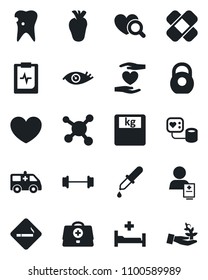 Set of vector isolated black icon - smoking place vector, heart, doctor case, blood pressure, dropper, diagnostic, scales, patch, ambulance car, barbell, hospital bed, hand, real, caries, eye, heavy