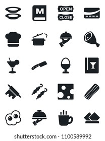 Set of vector isolated black icon - cook hat vector, wine card, menu, cocktail, coffee, plates, bacon, waiter, egg stand, open close, credit, kebab, ham, rolling pin, knife, steaming pan, omelette