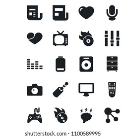 Set of vector isolated black icon - camera vector, brainstorm, archive chest, flame disk, news, tv, gamepad, settings, equalizer, microphone, remote control, monitor, speaker, heart, low battery