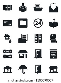 Set of vector isolated black icon - 24 around vector, automatic door, shop, umbrella, package, mail, folder, document, book, mailbox, open close, home control, garage gate, storefront