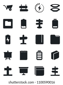 Set of vector isolated black icon - signpost vector, notepad, presentation board, wheelbarrow, battery, low, folder, charge, blank box, plates, guidepost