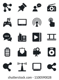 Set of vector isolated black icon - film frame vector, radio, antenna, gamepad, tv, video camera, touch screen, dialog, speaker, phone, share, paper pin, battery, mail, social media