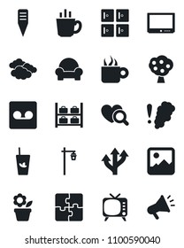 Set of vector isolated black icon - clouds vector, luggage storage, checkroom, flower in pot, plant label, garden light, heart diagnostic, route, tv, gallery, record, application, fruit tree, coffee