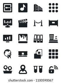 Set of vector isolated black icon - fence vector, plane globe, airport building, statistic monitor, blood test vial, navigation, railroad, clapboard, menu, scanner, music, paper binder, office