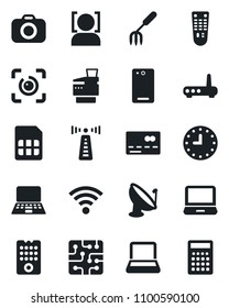Set of vector isolated black icon - antenna vector, credit card, notebook pc, garden fork, clock, satellite, camera, remote control, laptop, phone back, sim, wireless, face id, eye, copier, chip