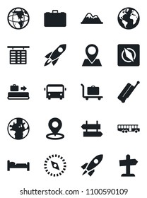 Set of vector isolated black icon - suitcase vector, baggage conveyor, trolley, airport bus, signpost, bed, flight table, case, earth, pin, place tag, compass, mountains, rocket, guidepost
