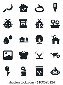 Set of vector isolated black icon - tree vector, wheelbarrow, butterfly, lady bug, well, sickle, plant label, seeds, pond, tulip, gallery, house with, flower in pot, eco, irrigation, water