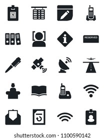 Set of vector isolated black icon - runway vector, reception, flight table, book, pen, document reload, office phone, satellite antenna, radio, mail, notes, wireless, face id, identity card, pass