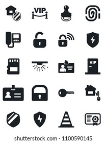 Set of vector isolated black icon - identity vector, border cone, card, shield, protect, sd, lock, stamp, key, estate insurance, vip zone, home control, wireless, intercome, sprinkler, fingerprint