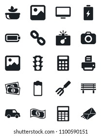Set of vector isolated black icon - bomb in case vector, printer, garden fork, bench, cash, traffic light, camera, monitor, chain, battery, gallery, calculator, salad, car, mail
