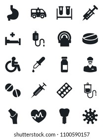 Set of vector isolated black icon - disabled vector, heart pulse, syringe, blood test vial, dropper, pills, blister, ampoule, tomography, ambulance car, hospital bed, stomach, implant, joint, doctor