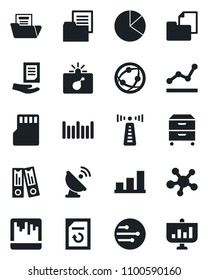 Set of vector isolated black icon - antenna vector, bomb in case, office binder, document, reload, folder, barcode, satellite, network, share, scanner, sd, bar graph, pie, point, archive box