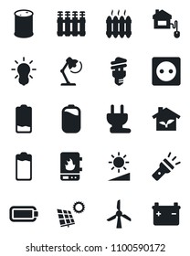 Set of vector isolated black icon - oil barrel vector, battery, low, torch, brightness, desk lamp, sun panel, heater, home control, eco house, socket, power plug, water, radiator, bulb, windmill
