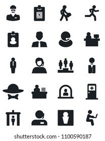 Set of vector isolated black icon - security gate vector, male, reception, medical room, manager, pedestal, place, run, doctor, support, identity card, desk, estate agent, waiter, dress code, pass