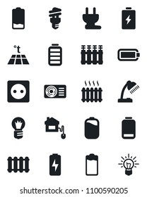 Set of vector isolated black icon - bulb vector, battery, low, charge, desk lamp, heater, air conditioner, home control, socket, power plug, radiator, warm floor, energy saving, idea