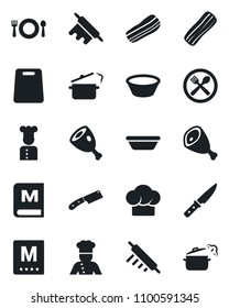 Set of vector isolated black icon - cook vector, cafe, hat, menu, bacon, ham, bowl, rolling pin, cutting board, knife, steaming pan