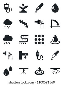 Set of vector isolated black icon - crisis graph vector, watering, water drop, rain, drip irrigation, dropper, menu, sprinkler