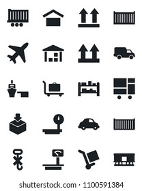 Set of vector isolated black icon - plane vector, baggage trolley, truck trailer, cargo container, car delivery, sea port, consolidated, warehouse storage, up side sign, no hook, package, rack