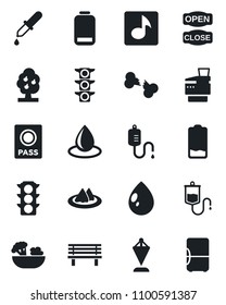 Set of vector isolated black icon - passport vector, pennant, water drop, bench, dropper, broken bone, traffic light, low battery, music, copier, fruit tree, serviette, salad, open close, fridge