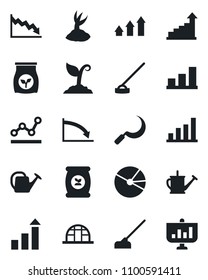 Set of vector isolated black icon - growth statistic vector, watering can, sproute, hoe, sickle, greenhouse, fertilizer, bar graph, pie, point, arrow up, crisis, presentation