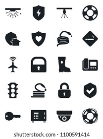Set of vector isolated black icon - plane radar vector, smoking place, safe, boot, hose, heart shield, traffic light, protect, lock, key, intercome, home, surveillance, sprinkler, crisis management