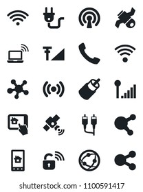 Set of vector isolated black icon - wireless notebook vector, satellite, network, share, rca, call, cellular signal, power plug, lock, home control app, social media
