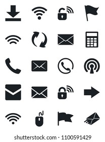 Set of vector isolated black icon - right arrow vector, mail, mouse, call, update, download, wireless, calculator, phone, lock, flag