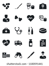 Set of vector isolated black icon - heart pulse vector, doctor case, diagnosis, stethoscope, blood pressure, pills, ampoule, scalpel, ambulance car, broken bone, hospital