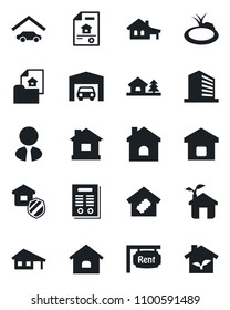 Set of vector isolated black icon - office building vector, house, pond, contract, with garage, tree, estate document, rent, agent, smart home, insurance, eco