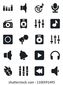 Set of vector isolated black icon - flame disk vector, microphone, radio, speaker, settings, equalizer, headphones, play button, rewind, tuning, bell, record, music, sound