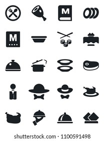 Set of vector isolated black icon - waiter vector, dish, restaurant table, cafe, menu, plates, dress code, chicken, steak, ham, bowl, steaming pan, sushi, serviette