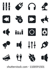 Set of vector isolated black icon - flame disk vector, microphone, speaker, loudspeaker, settings, equalizer, headphones, fast forward, rewind, rca, hdmi, tuning, record, sound