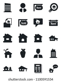 Set of vector isolated black icon - house vector, real heart, contract, with garage, tree, estate document, rent, sold signboard, search, agent, city, eco, home message