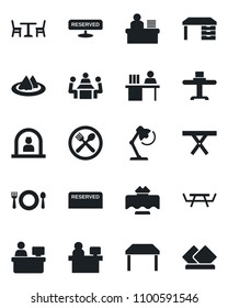 Set of vector isolated black icon - cafe vector, reception, desk, manager place, picnic table, lamp, meeting, restaurant, serviette, reserved